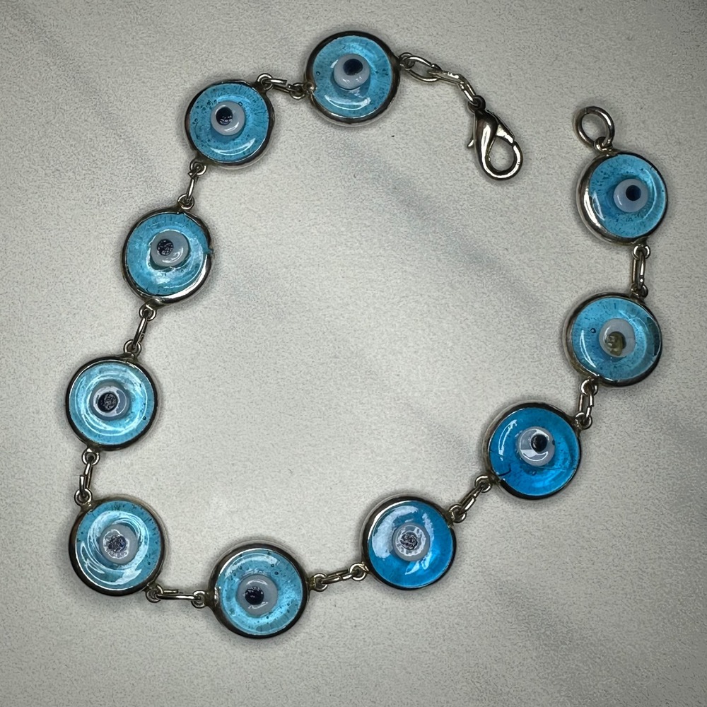 800 Silver Evil Eye Charm Bracelet Turquoise Blue‎ Glass Beaded Chain Jewelry